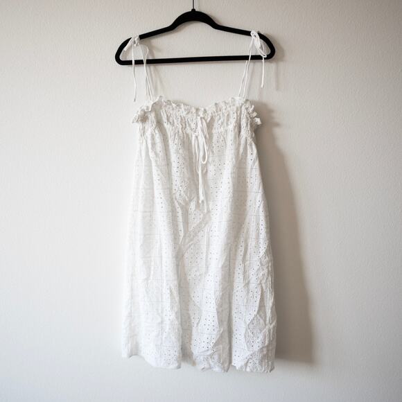 Ganni Broderie Anglaise Mini Dress White Eyelet Lace Tent Tie Strap SZ 14 - Picture 2 of 7